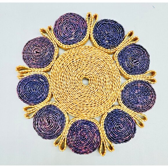 Rafia Woven Colorful Trivets Boho Style Decor Set of 2 1970s Purple Green 7 inch - Picture 3 of 5